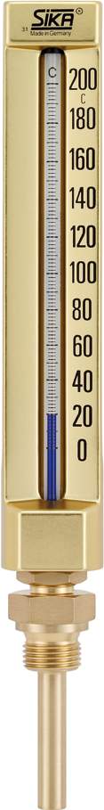 271 B, Casing 200x36mm, Range 0+160°C, liquid, immersion tube length, L1=160xØ10mm, G1/2, brass, Sika thermometer, straight