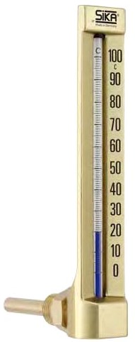 272 B, Casing 200x36mm, Range 0+160°C, liquid, immersion tube length, L1=63xØ10mm, G1/2, brass, Sika thermometer, 90° angle