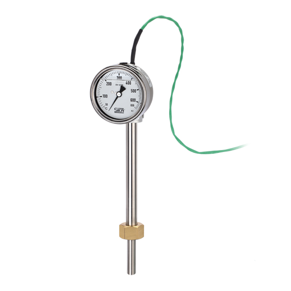 Sika KombiTemp type K8312 version 1 (4 stroke engines), gas filled dial thermometer, crimped-on ring case, stainless steel, 80mm, silicone oil, +50...+650°C, thermocouple type K, class 2.0, cable output, 9m cable, bottom connection, L1=115xØ13mm, G3/4, brass