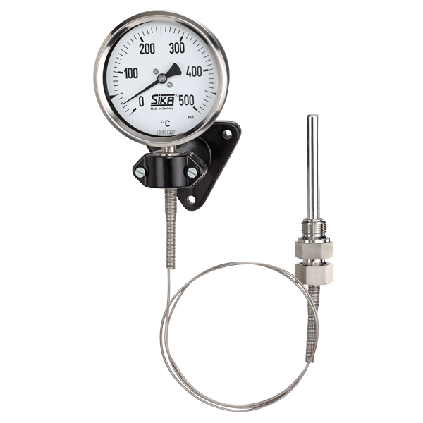 Remote reading diesel engine temperature dial thermometer, type 311, with wall bracket, 100mm dial, filled with silicon oil, stainless steel, +50…+650°C, adjustable compression fitting, G3/4 connection thread, L=Ø12x250, capillary length ?m, stainless steel spiral protection