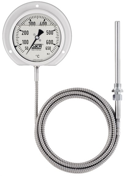 Remote reading diesel engine temperature dial thermometer, type 321, with rear mounting flange, 100mm dial, filled with silicon oil, stainless steel, +50…+650°C, adjustable compression fitting, G1/2 connection thread, L=Ø12x135, capillary length ?m, stainless steel spiral protection