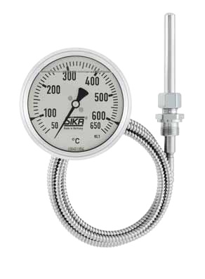 Remote reading diesel engine temperature dial thermometer, type 331, U-clamp mounting, 80mm dial, filled with silicon oil, stainless steel, +50…+650°C, adjustable compression fitting, G3/4 connection thread, L=Ø12x160, capillary length ?m, stainless steel spiral protection