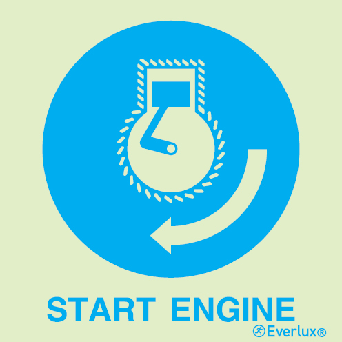 Photoluminescent 1.2mm rigid plastic 150x150mm Start engine IMO sign - with supplementary text