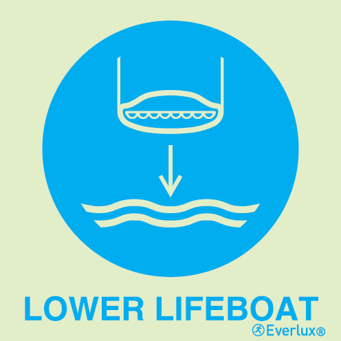 Photoluminescent self-adhesive vinyl 200x200mm Lower lifeboat to the water IMO sign - with supplementary text 