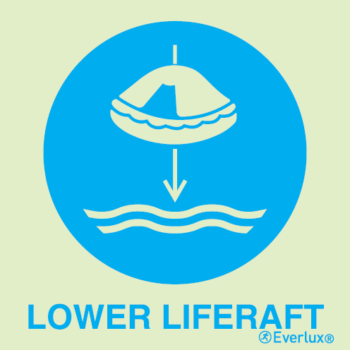 Photoluminescent self-adhesive vinyl 200x200mm Lower liferaft to the water IMO sign - with supplementary text 
