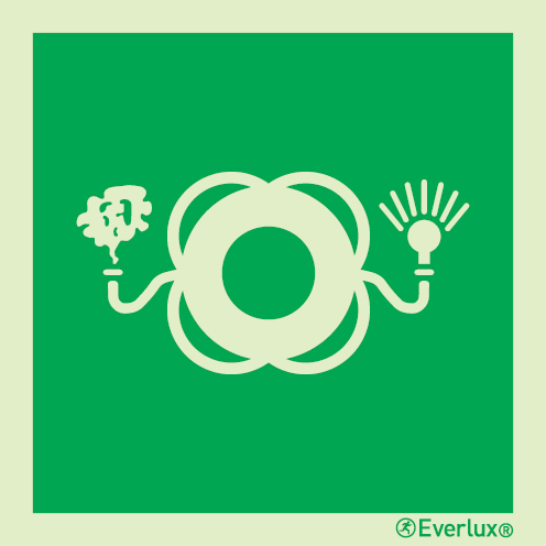 Photoluminescent self-adhesive vinyl 200x200mm Lifebuoy with light and smoke IMO sign