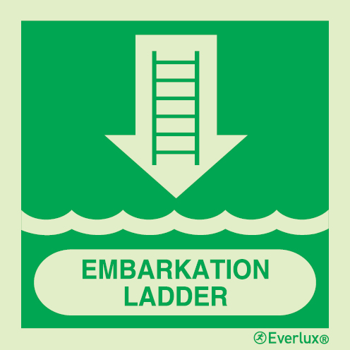 Photoluminescent self-adhesive vinyl 150x150mm Embarkation ladder IMO sign with supplementary text