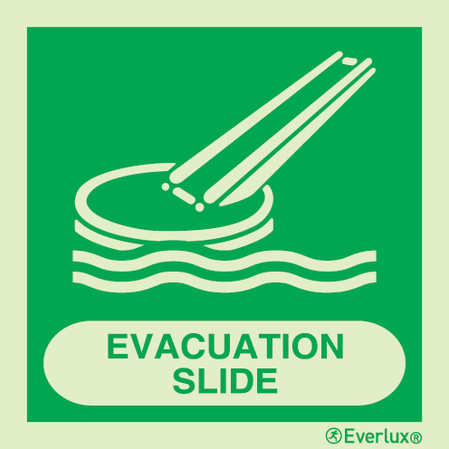 Photoluminescent self-adhesive vinyl 300x300mm Marine evacuation slide system IMO sign with supplementary text