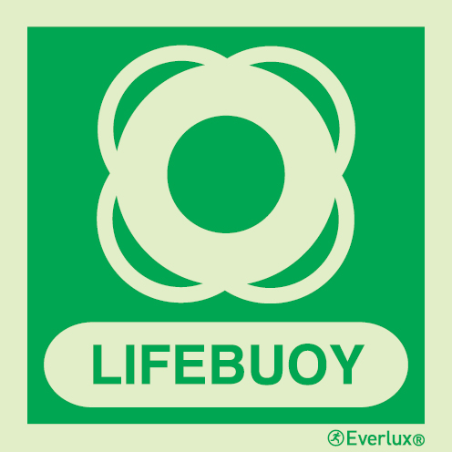 Photoluminescent 1.2mm rigid plastic 300x300mm Lifebuoy IMO sign with supplementary text 