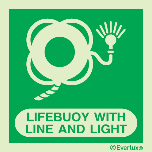 Photoluminescent 1.2mm rigid plastic 200x200mm Lifebuoy with line and light IMO sign with supplementary text 