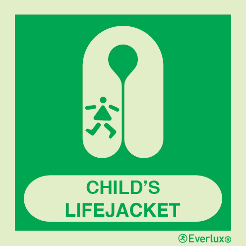 Photoluminescent 1.2mm rigid plastic 200x200mm Childs lifejacket IMO sign with supplementary text 