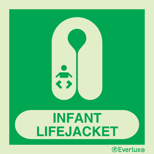 Photoluminescent 1.2mm rigid plastic 200x200mm Infant lifejacket IMO sign with supplementary text 
