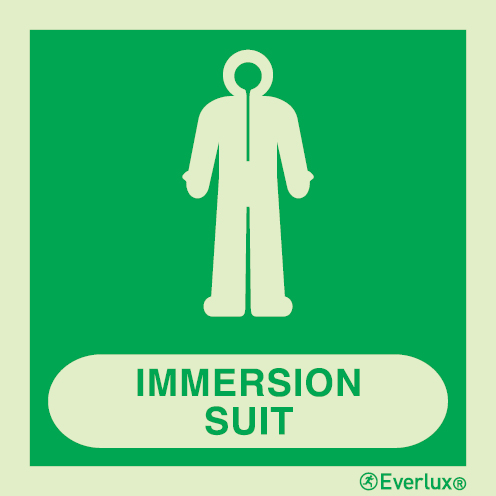 Photoluminescent 1.2mm rigid plastic 200x200mm Immersion suit IMO sign with supplementary text