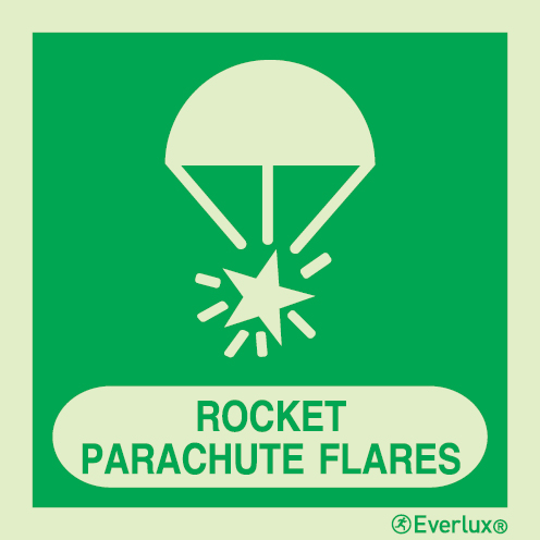 Photoluminescent 1.2mm rigid plastic 150x150mm Rocket parachute flares IMO sign with supplementary text 