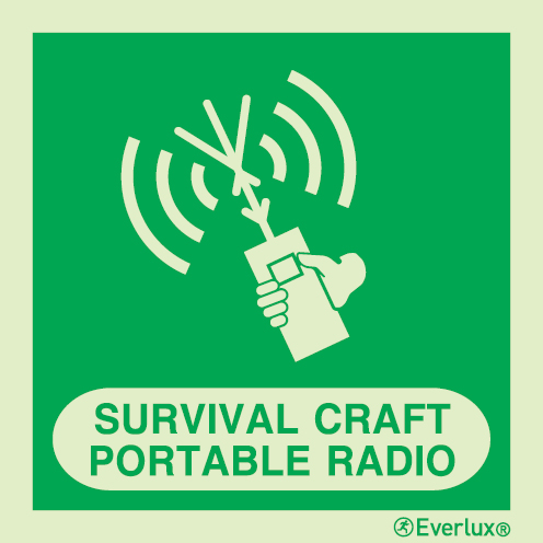 Photoluminescent 1.2mm rigid plastic 150x150mm Two-way VHF radiotelephone IMO sign with supplementary text 