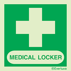 Photoluminescent 1.2mm rigid plastic 150x150mm Medical locker IMO sign with supplementary text