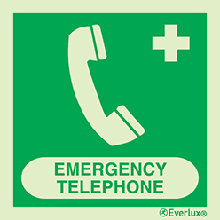 Photoluminescent self-adhesive vinyl 150x150mm Emergency telephone IMO sign with supplementary text 