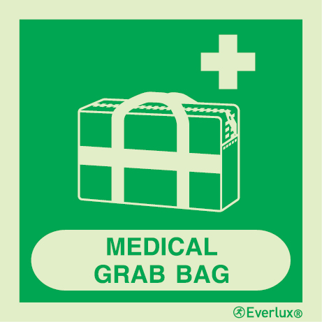 Photoluminescent 1.2mm rigid plastic 200x200mm Medical grab bag sign - with supplementary text