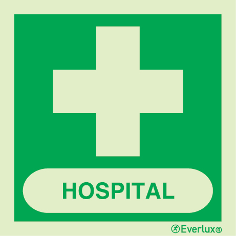 Photoluminescent 1.2mm rigid plastic 400x400mm Hospital sign - with supplementary text