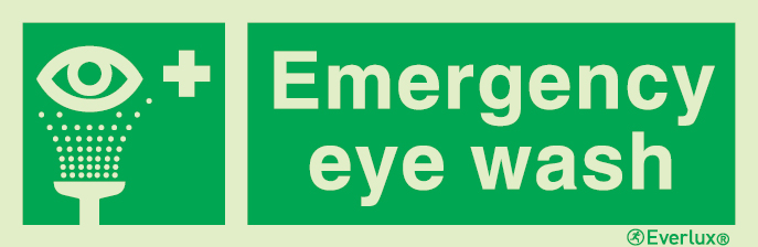 Photoluminescent self-adhesive vinyl 300x100mm Emergency eye wash sign with supplementary text