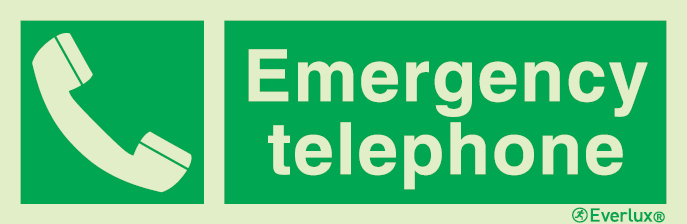Photoluminescent 1.2mm rigid plastic 300x100mm Emergency telephone sign with supplementary text
