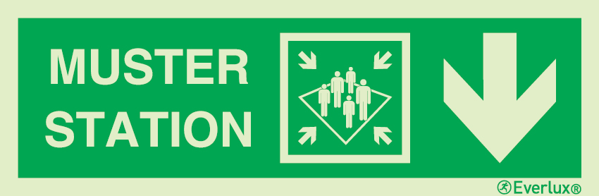 Photoluminescent 1.2mm rigid plastic 400x120mm Muster station with directional arrow down - IMO sign
