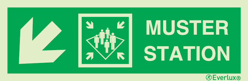 Photoluminescent self-adhesive vinyl 400x120mm Muster station with directional arrow down to the left - IMO sign 