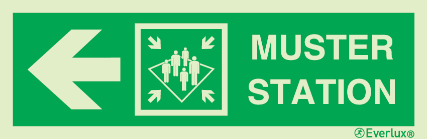 Photoluminescent 1.2mm rigid plastic 400x120mm Muster station with directional arrow to the left - IMO sign 