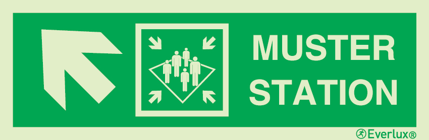 Photoluminescent self-adhesive vinyl 400x120mm Muster station with directional arrow up to the left - IMO sign 