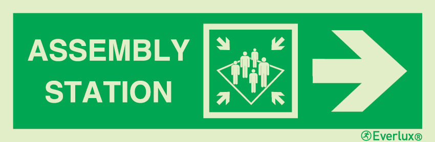 Photoluminescent 1.2mm rigid plastic 400x120mm Assembly station with directional arrow to the right - IMO sign 