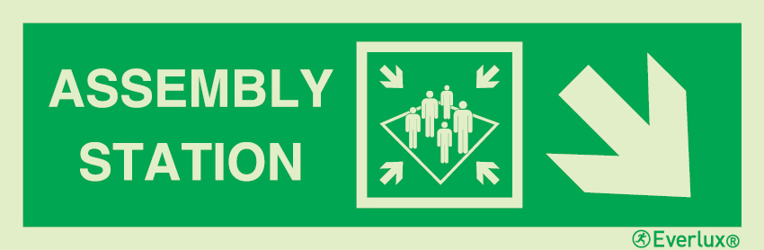 Photoluminescent 1.2mm rigid plastic 400x120mm Assembly station with directional arrow down to the right - IMO sign 