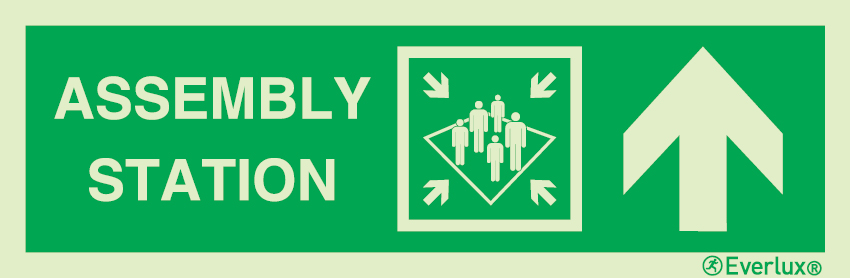 Photoluminescent 1.2mm rigid plastic 300x100mm Assembly station with directional arrow up - IMO sign