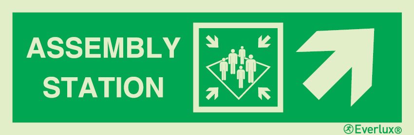 Photoluminescent 1.2mm rigid plastic 400x120mm Assembly station with directional arrow up to the right - IMO sign 
