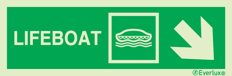 Photoluminescent 1.2mm rigid plastic 400x120mm Lifeboat IMO sign with directional arrow down to the right 