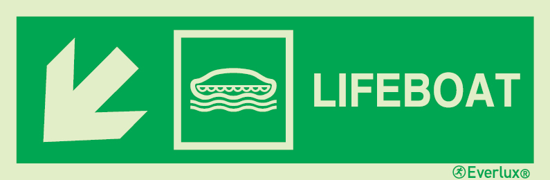 Photoluminescent self-adhesive vinyl 400x120mm Lifeboat IMO sign with directional arrow down to the left 