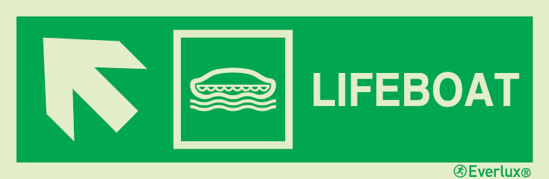 Photoluminescent self-adhesive vinyl 400x120mm Lifeboat IMO sign with directional arrow up to the left 