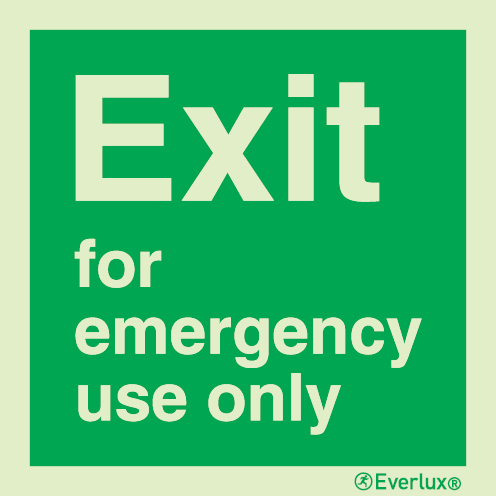 Photoluminescent 1.2mm rigid plastic 400x400mm Exit for emergency use only - text sign 