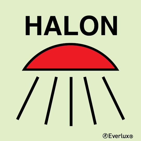 Photoluminescent 1.2mm rigid plastic 200x200mm Space protected by halon 1301 