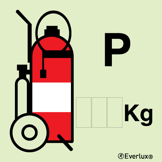 Photoluminescent self-adhesive vinyl 150x150mm Powder Wheeled fire extinguisher IMO sign - This sign can be customized with the appropriate extinguisher agent capacity