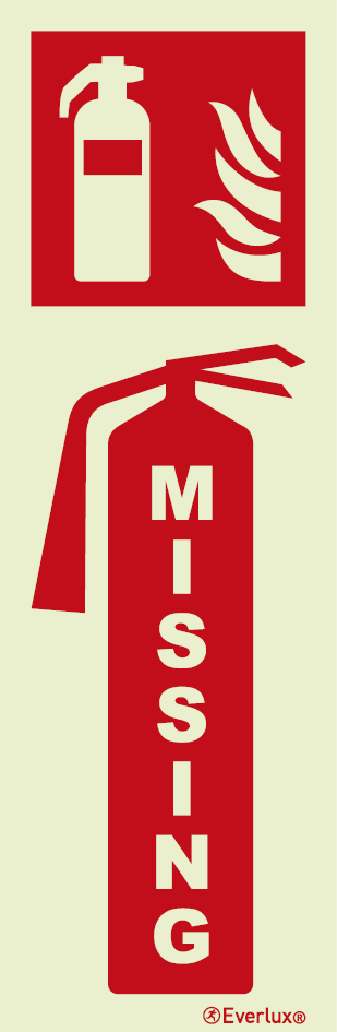 Photoluminescent 1.2mm rigid plastic 100x300mm Missing fire extinguisher sign