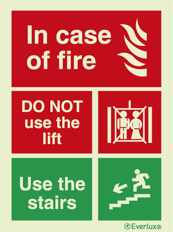 Photoluminescent 1.2mm rigid plastic 200x300mm Lift - In case of fire do not use the lift sign
