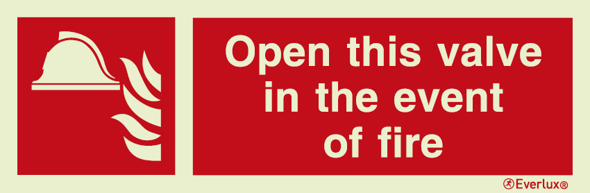 Photoluminescent self-adhesive vinyl 300x100mm Open this valve in the event of fire sign 