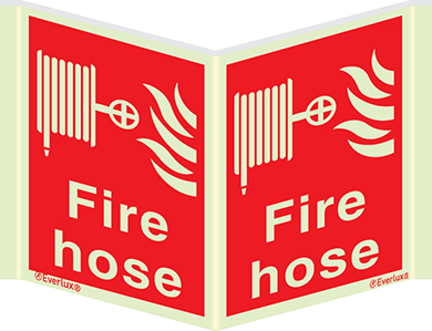 Photoluminescent 1.2mm rigid plastic 150x200mm Fire hose reel sign with supplementary text