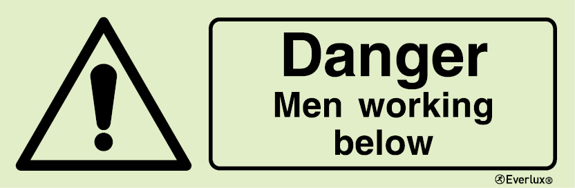 Self-adhesive white vinyl 400x150mm Danger men working below sign 