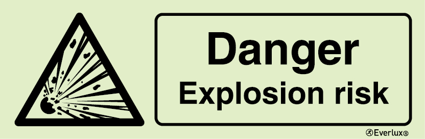 Photoluminescent self-adhesive vinyl 300x100mm Danger explosion risk sign 