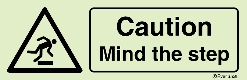 Self-adhesive white vinyl 400x150mm Caution mind the step sign 