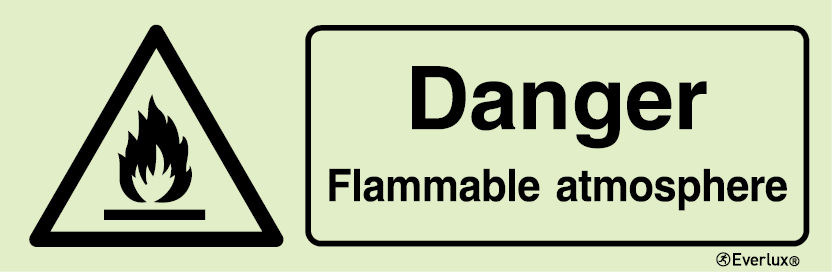 Photoluminescent 1.2mm rigid plastic 300x100mm Danger flammable atmosphere sign 