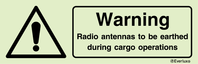 Photoluminescent 1.2mm rigid plastic 400x150mm Warning radio antennas to be earthed sign