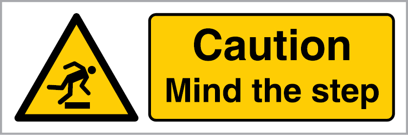 Self-adhesive white vinyl 300x100mm Caution mind the step sign 