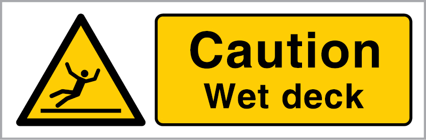 White rigid plastic 300x100mm Caution wet deck sign 
